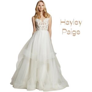 Hayley Paige Occasions White Lace Bodice Tulle Maxi Dress